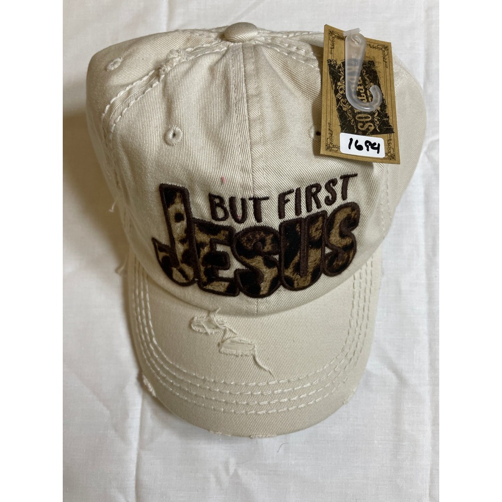 KBETHOS Baseball Cap Women OS Beige New But First Jesus Leopard Distressed Hat